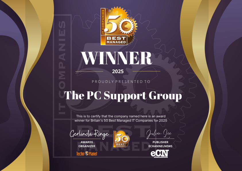 The PC Support Group 50 Best Rated Winners Certificate for 2025 and 2026
