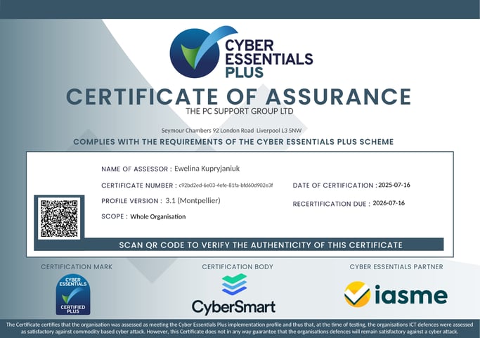 The PC Support Groups Cyber Essentials Certified Plus Certificate dated July 2025