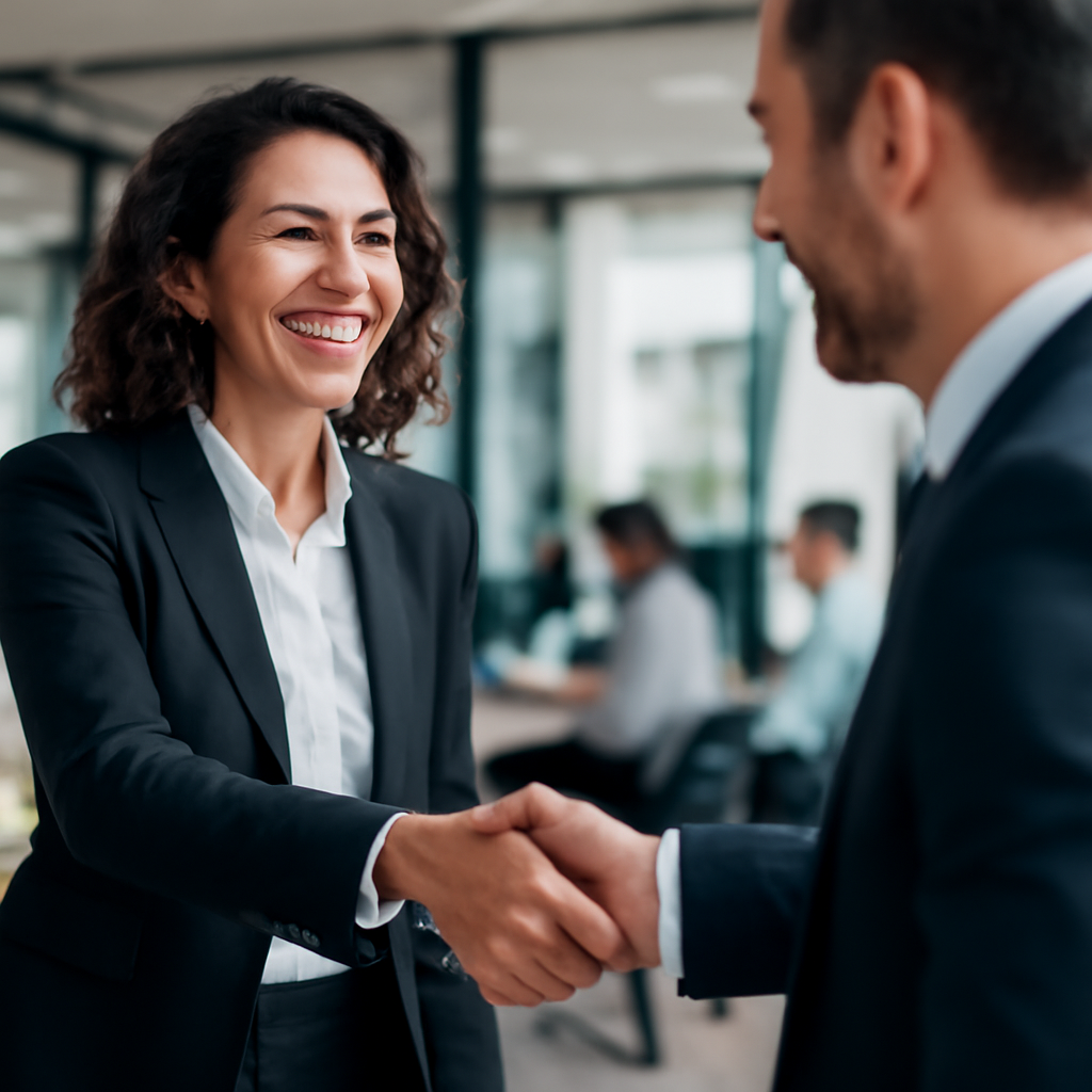 happy professional business woman shaking the hand of a businessman The angle of the image and focus should emphasise the handshake The body and faces-4