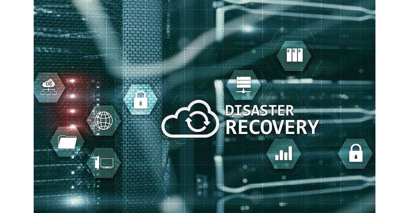 Disaster Recovery Planning Infographic showing the workings of a computer blurred in the background with a Disaster Recovery heading overlaid in white 