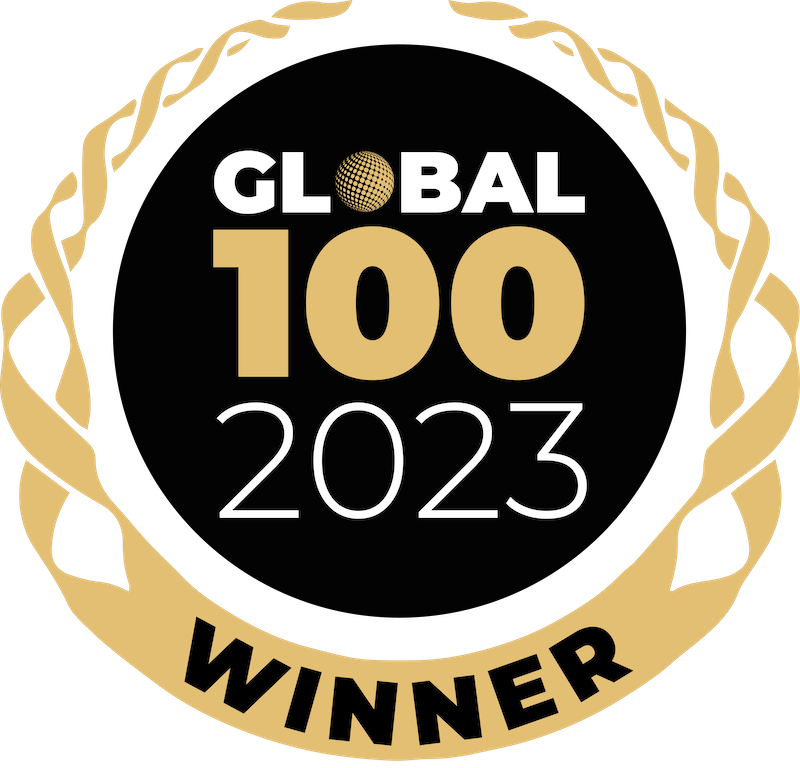 Global 100 2023 Winner Rosette Black, white and beige Logo