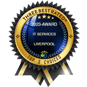 Liverpool Three Best Rated IT Service Companies, 2023 Navy Blue and Gold Rosette, personalised to The PC Support Group