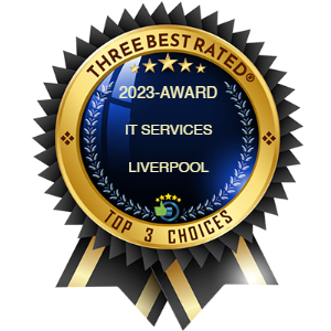 Liverpool Three Best Rated IT Service Companies, 2023 Navy Blue and Gold Rosette, personalised to The PC Support Group